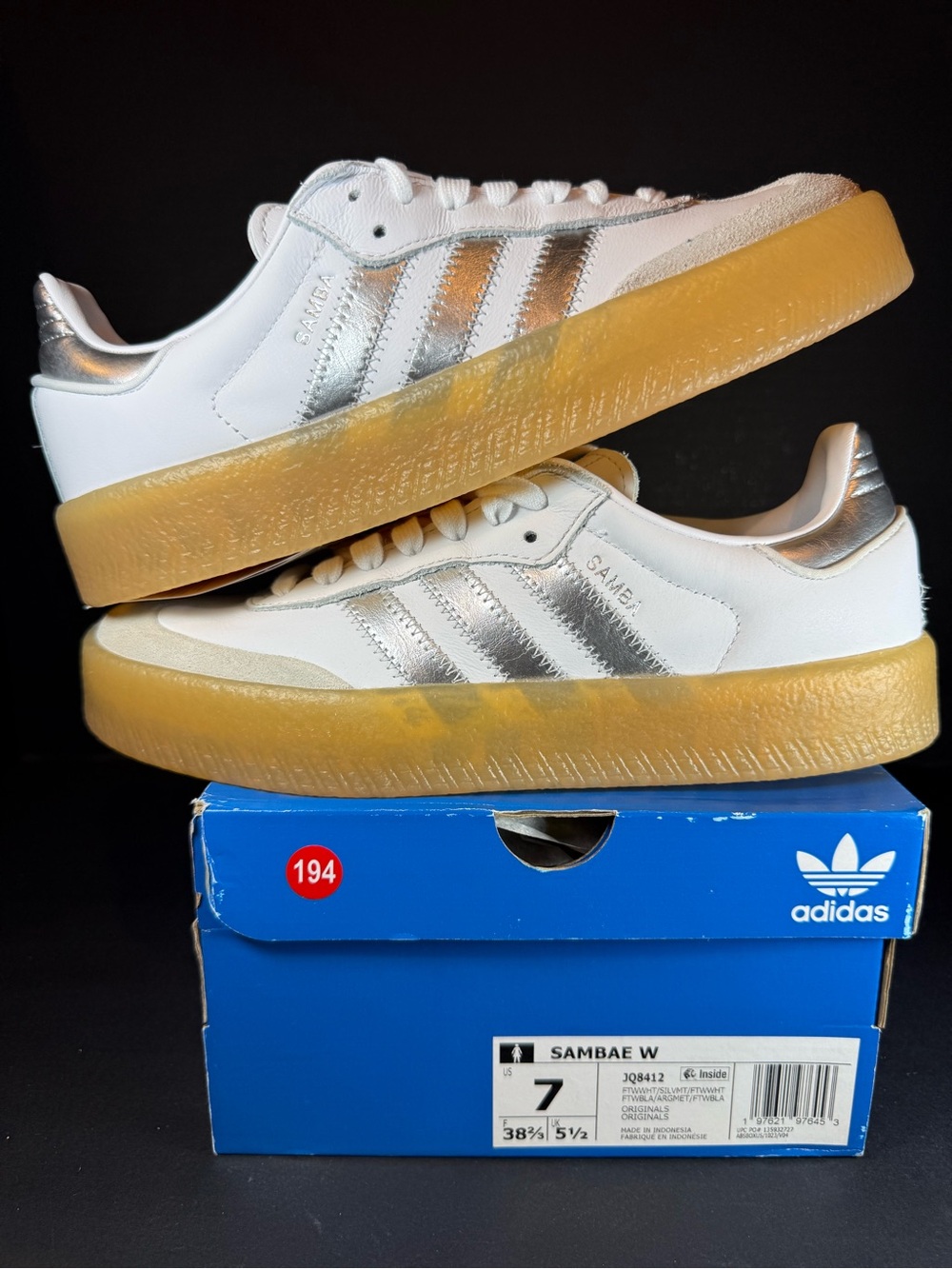 adidas Sambae W “wedding day”Leather Sneaker in White with Silver Stripes 7W